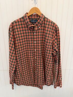 Ralph Lauren Coral & Green Plaid Button-Down Men's Shirt with green pony.